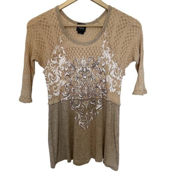 Beige Knit and Flowy Fleur de Lis Rhinestone Detail Top Women's Size XS - Picture 3 of 4